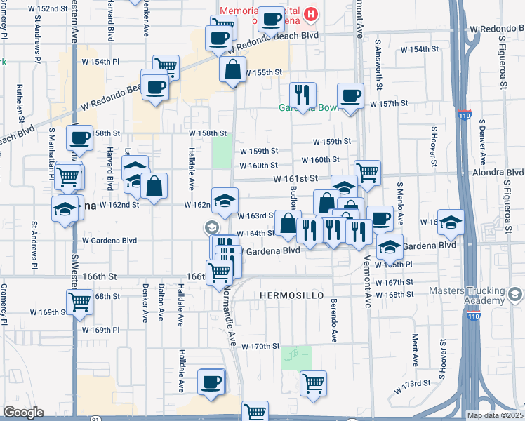 map of restaurants, bars, coffee shops, grocery stores, and more near 1247 West 163rd Street in Gardena