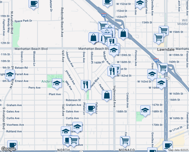 map of restaurants, bars, coffee shops, grocery stores, and more near 3206 Gibson Place in Redondo Beach
