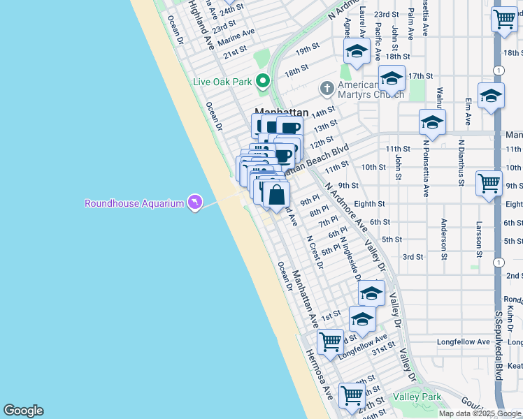 map of restaurants, bars, coffee shops, grocery stores, and more near 912-A Manhattan Avenue in Manhattan Beach