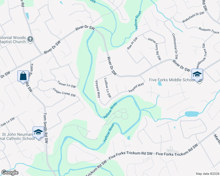 map of restaurants, bars, coffee shops, grocery stores, and more near 725 Ludlow Lane Southwest in Lawrenceville