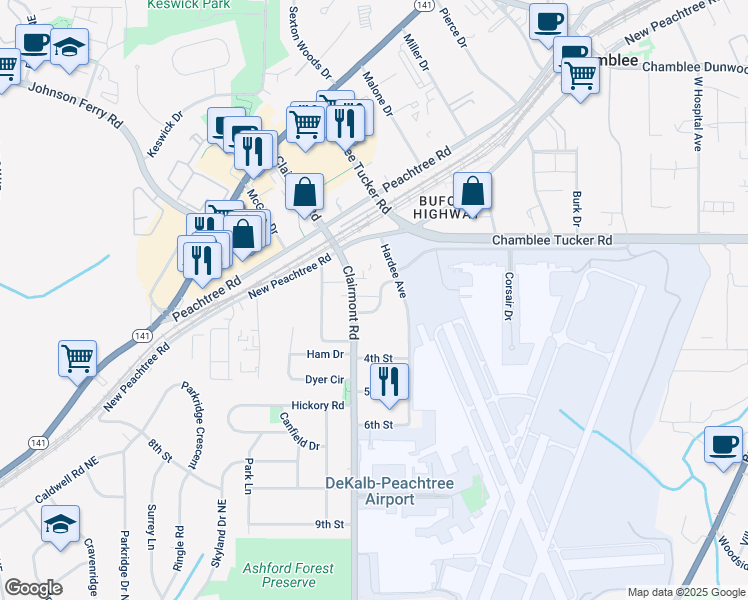 map of restaurants, bars, coffee shops, grocery stores, and more near 1972 Wingate Road in Chamblee