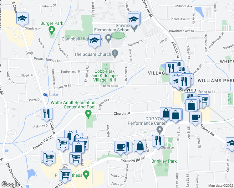 map of restaurants, bars, coffee shops, grocery stores, and more near 1102 Madison Lane South East in Smyrna