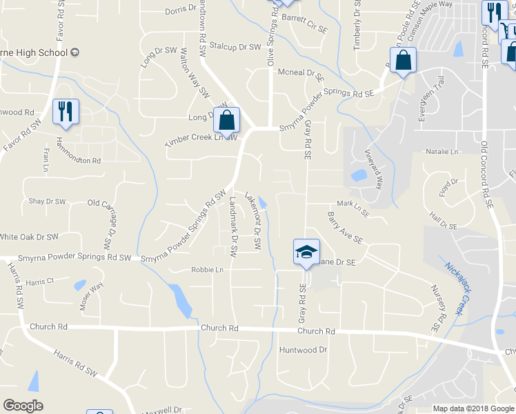 map of restaurants, bars, coffee shops, grocery stores, and more near 2889 Lakemont Place Southwest in Marietta