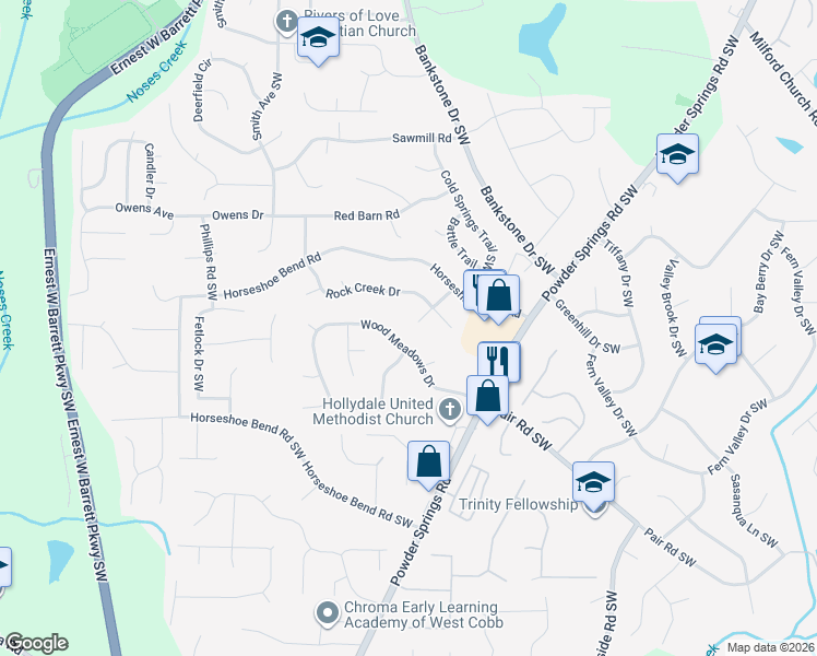map of restaurants, bars, coffee shops, grocery stores, and more near 2880 Powder Horn Trail Southwest in Marietta