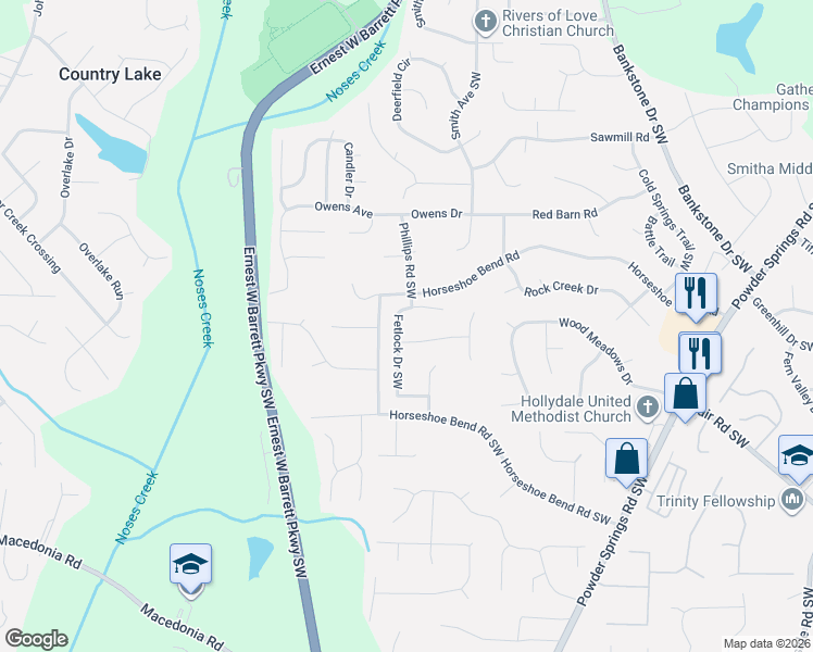map of restaurants, bars, coffee shops, grocery stores, and more near 3003 Fetlock Drive Southwest in Marietta