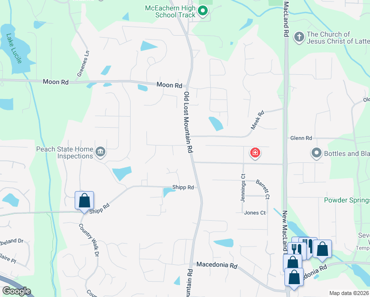 map of restaurants, bars, coffee shops, grocery stores, and more near 4501 Rushing Wind Court in Powder Springs