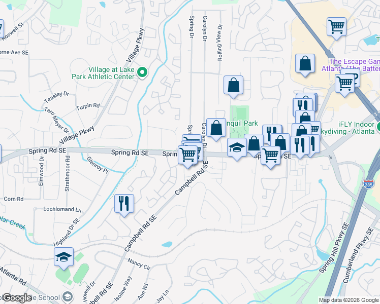 map of restaurants, bars, coffee shops, grocery stores, and more near 2699 Spring Dr in Smyrna