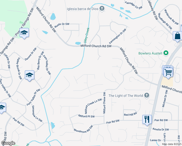 map of restaurants, bars, coffee shops, grocery stores, and more near 1769 Milford Creek Court Southwest in Marietta