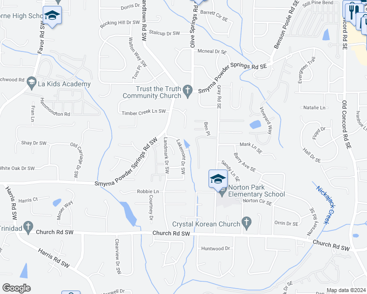 map of restaurants, bars, coffee shops, grocery stores, and more near 2885 Lakemont Drive Southwest in Marietta