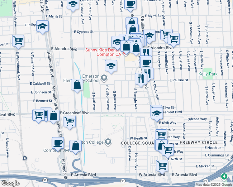 map of restaurants, bars, coffee shops, grocery stores, and more near 1408 South Burris Avenue in Compton