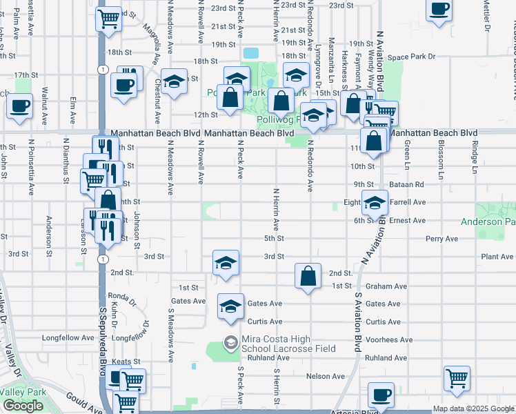 map of restaurants, bars, coffee shops, grocery stores, and more near 1530 Eighth Street in Manhattan Beach