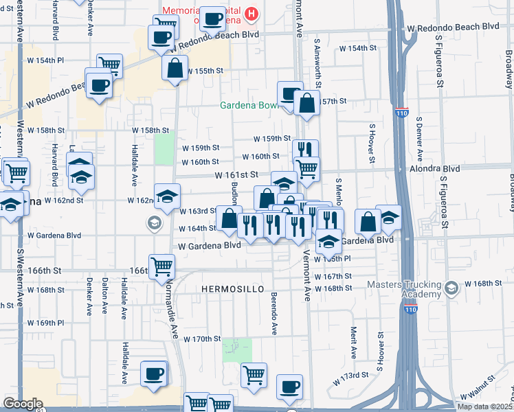 map of restaurants, bars, coffee shops, grocery stores, and more near 1123 West 163rd Street in Gardena