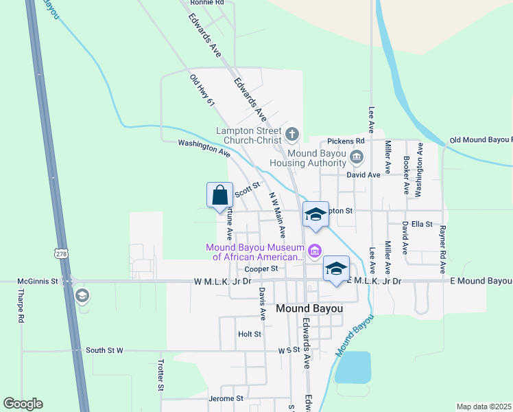 map of restaurants, bars, coffee shops, grocery stores, and more near 501 Washington Avenue in Mound Bayou