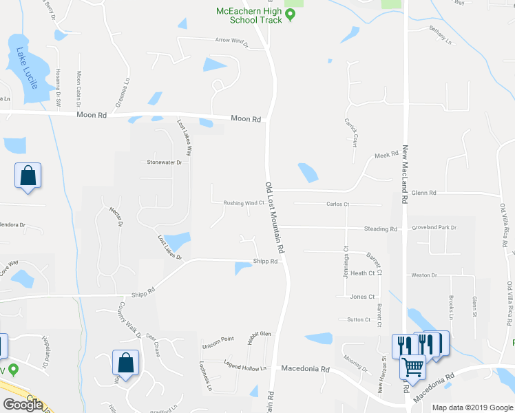 map of restaurants, bars, coffee shops, grocery stores, and more near 4501 Rushing Wind Court in Powder Springs