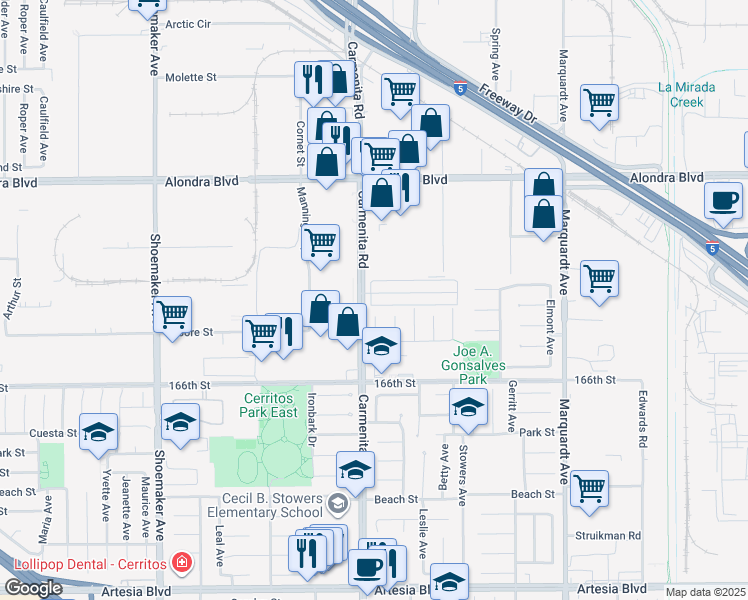map of restaurants, bars, coffee shops, grocery stores, and more near 13428 3/4 Village Drive in Cerritos