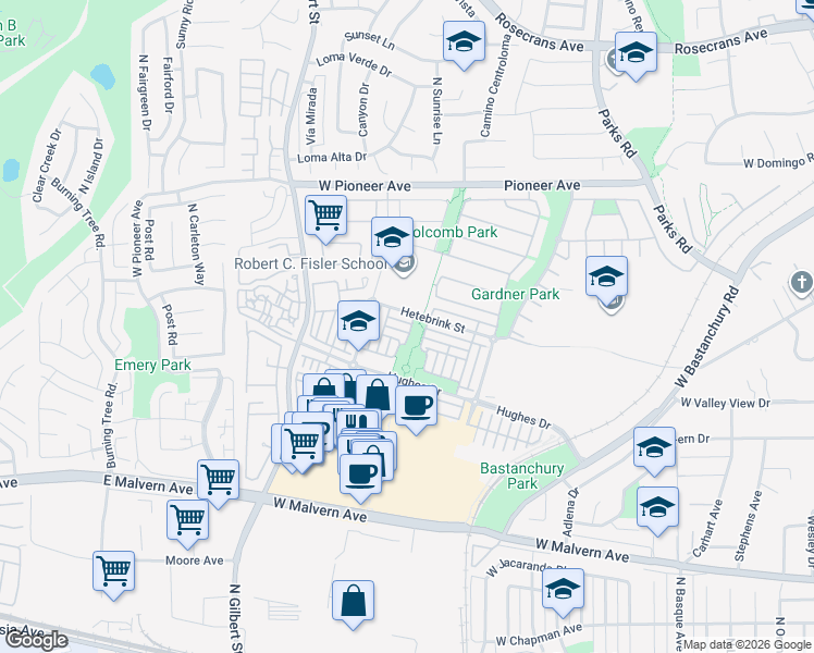 map of restaurants, bars, coffee shops, grocery stores, and more near 2137 Lawton Street in Fullerton