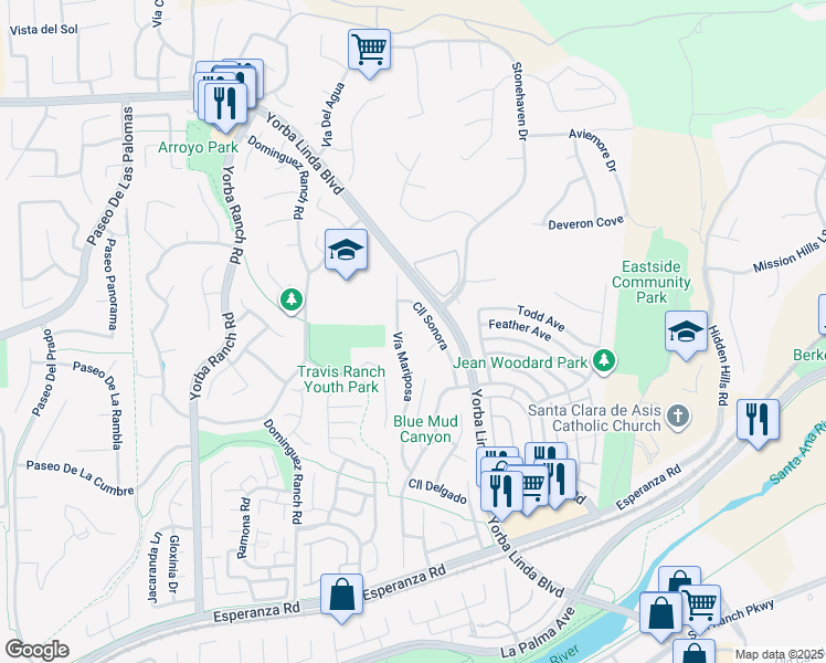 map of restaurants, bars, coffee shops, grocery stores, and more near 5310 Círculo Nuevo in Yorba Linda