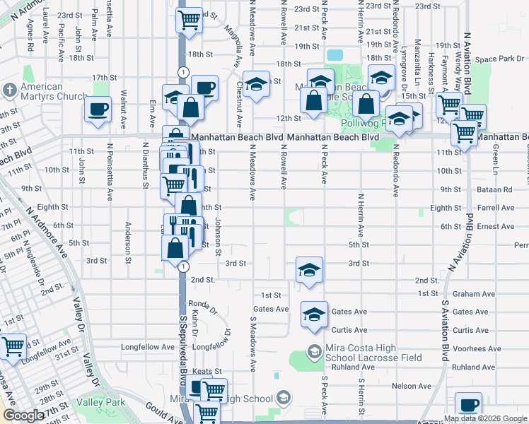 map of restaurants, bars, coffee shops, grocery stores, and more near 1314 Eighth Street in Manhattan Beach