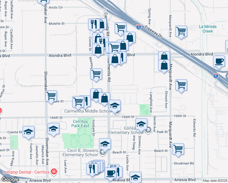 map of restaurants, bars, coffee shops, grocery stores, and more near 13416 1/4 Village Drive in Cerritos