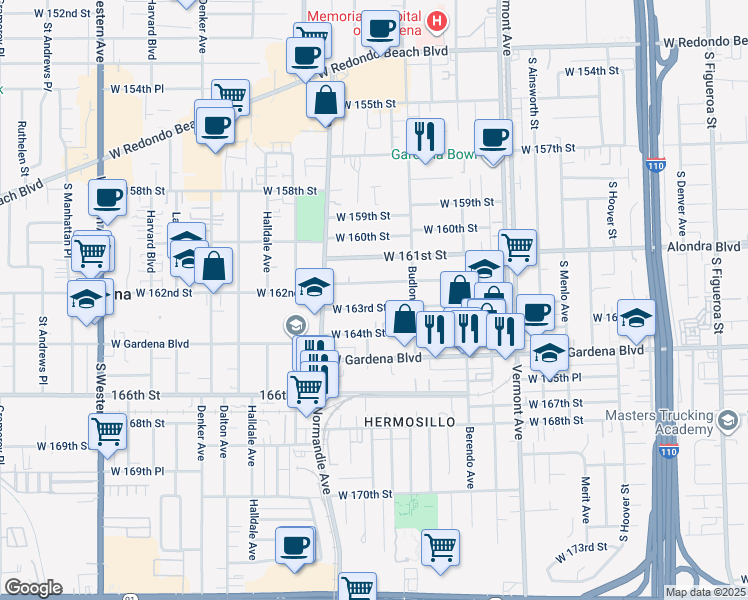 map of restaurants, bars, coffee shops, grocery stores, and more near 1247 West 163rd Street in Gardena