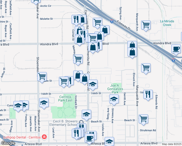 map of restaurants, bars, coffee shops, grocery stores, and more near 13428 3/4 Village Drive in Cerritos
