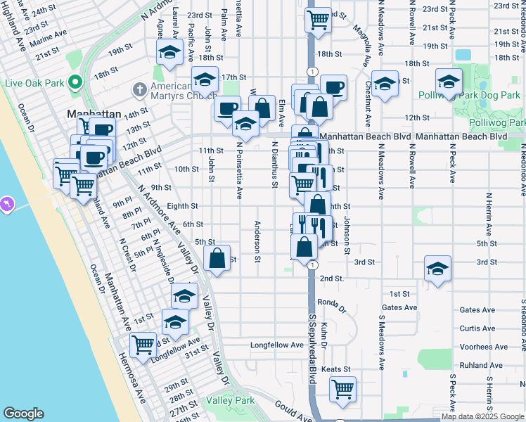 map of restaurants, bars, coffee shops, grocery stores, and more near 713 Anderson Street in Manhattan Beach