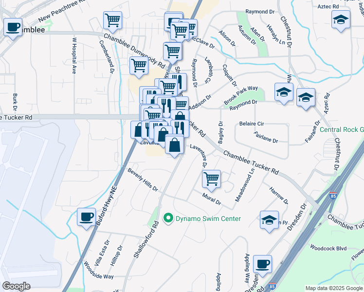 map of restaurants, bars, coffee shops, grocery stores, and more near 3276 Shallowford Road in Chamblee