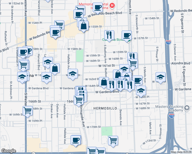 map of restaurants, bars, coffee shops, grocery stores, and more near 1247 West 163rd Street in Gardena