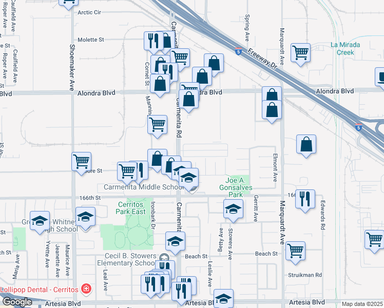 map of restaurants, bars, coffee shops, grocery stores, and more near 13428 3/4 Village Drive in Cerritos