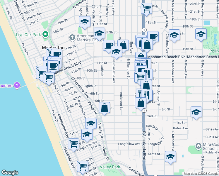map of restaurants, bars, coffee shops, grocery stores, and more near 864 Eighth Street in Manhattan Beach