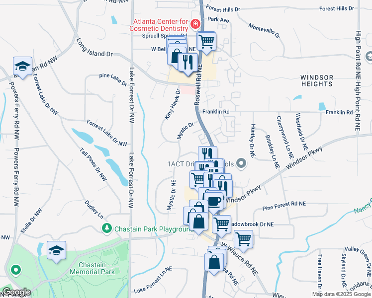 map of restaurants, bars, coffee shops, grocery stores, and more near 4705 Mystic Drive Northeast in Atlanta