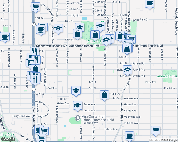 map of restaurants, bars, coffee shops, grocery stores, and more near 1540 Eighth Street in Manhattan Beach
