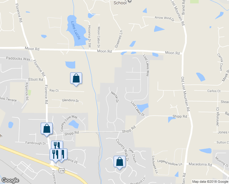 map of restaurants, bars, coffee shops, grocery stores, and more near 3110 Nectar Drive in Powder Springs