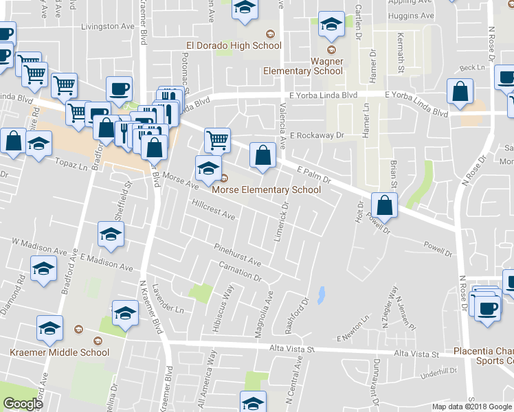 map of restaurants, bars, coffee shops, grocery stores, and more near 545 Morse Avenue in Placentia