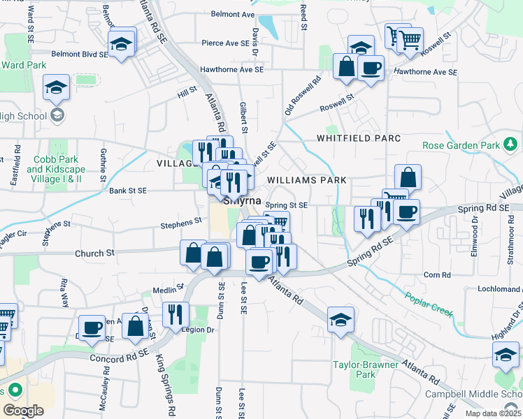 map of restaurants, bars, coffee shops, grocery stores, and more near 1380 Spring Street in Smyrna