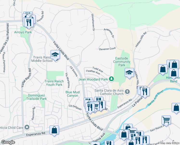 map of restaurants, bars, coffee shops, grocery stores, and more near 21730 Feather Avenue in Yorba Linda