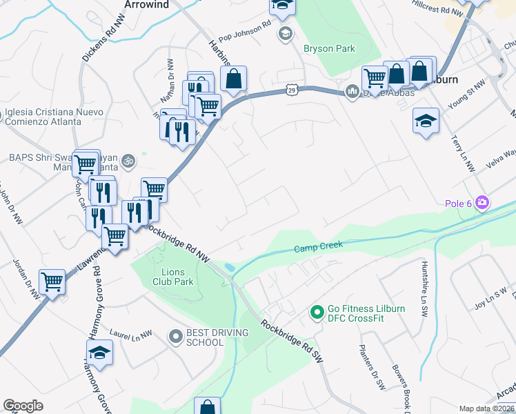 map of restaurants, bars, coffee shops, grocery stores, and more near 5316 Cobblestone Way Northwest in Lilburn