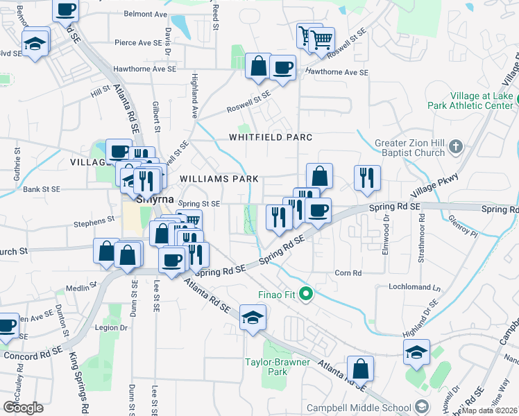 map of restaurants, bars, coffee shops, grocery stores, and more near 1554 Spring Street Southeast in Smyrna