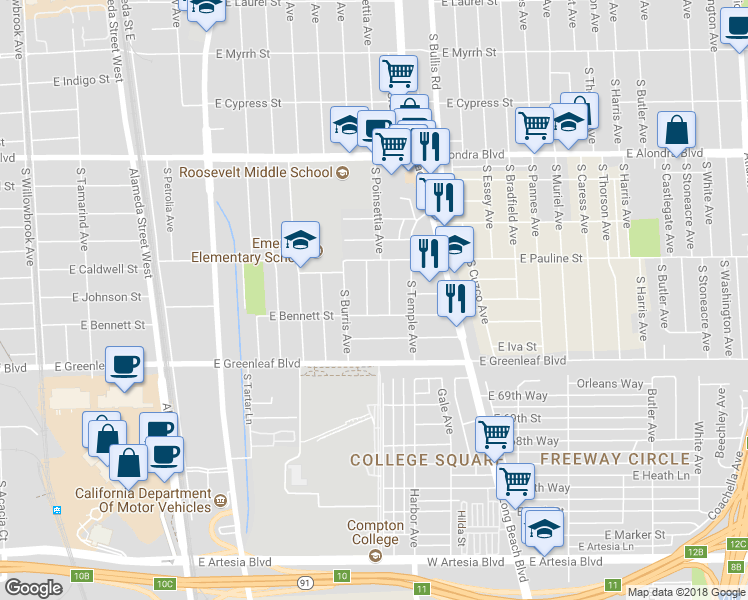 map of restaurants, bars, coffee shops, grocery stores, and more near 1408 S Sloan Ave in Compton