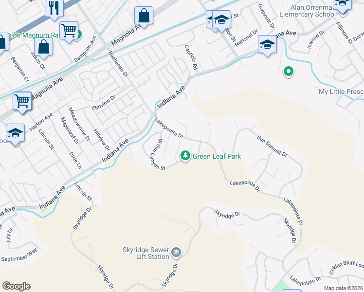 map of restaurants, bars, coffee shops, grocery stores, and more near 16260 Blossom Time Court in Riverside