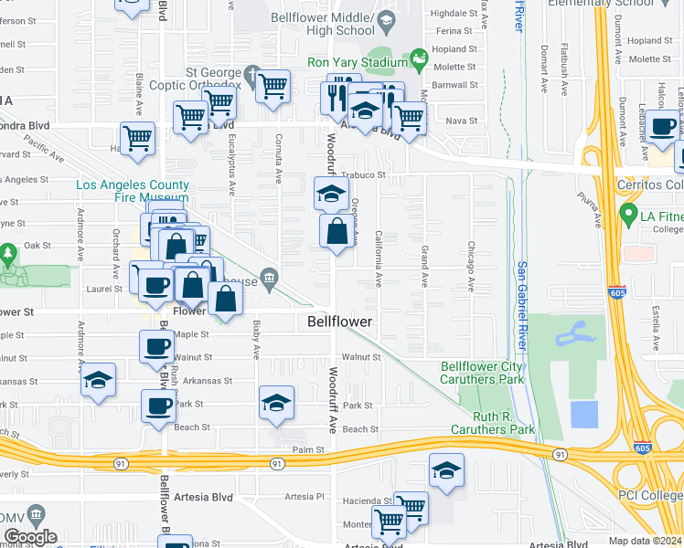 map of restaurants, bars, coffee shops, grocery stores, and more near 16600 Woodruff Avenue in Bellflower