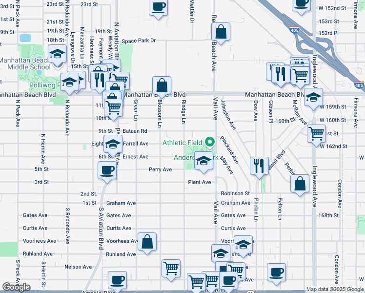 map of restaurants, bars, coffee shops, grocery stores, and more near 2122 Farrell Avenue in Redondo Beach