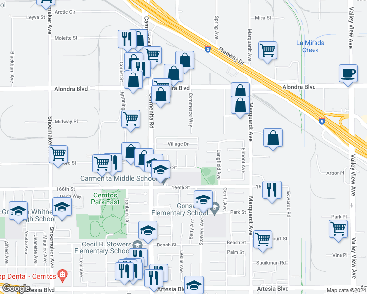 map of restaurants, bars, coffee shops, grocery stores, and more near 13514 Village Drive in Cerritos