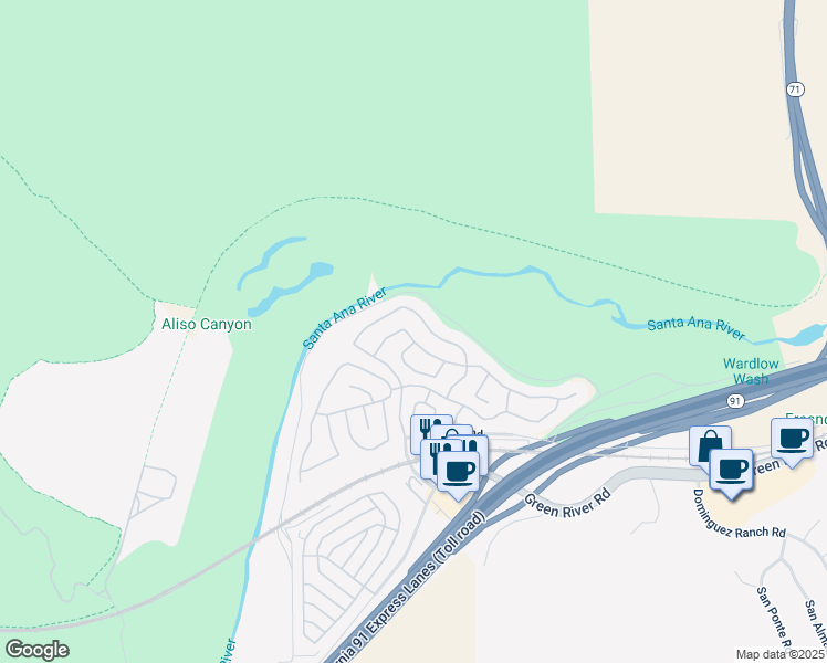 map of restaurants, bars, coffee shops, grocery stores, and more near 4832 Feather River Road in Corona