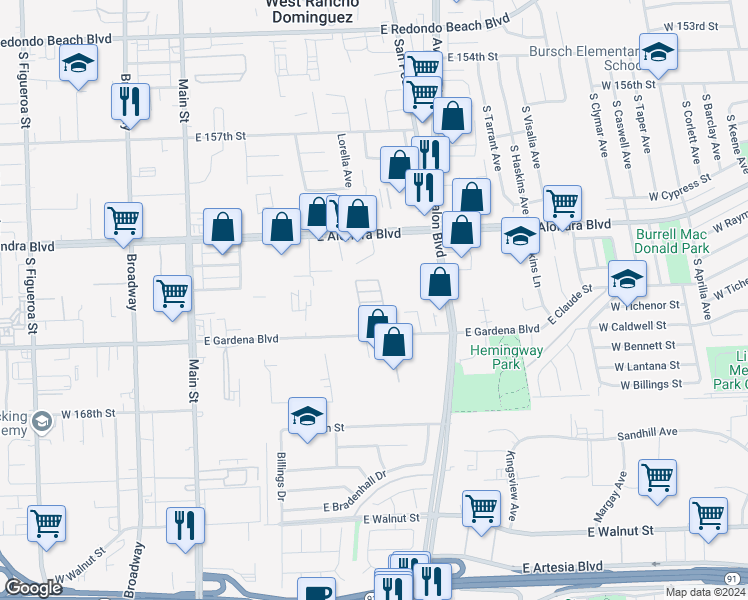 map of restaurants, bars, coffee shops, grocery stores, and more near 435 East Gardena Boulevard in Gardena