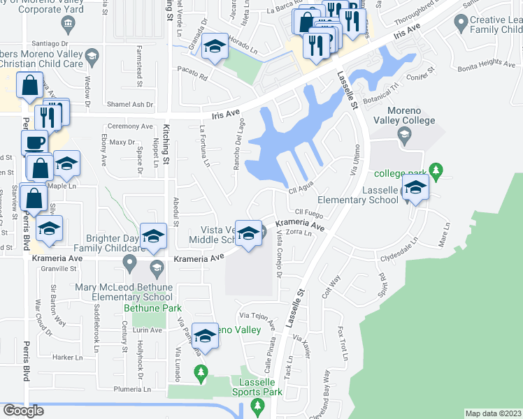 map of restaurants, bars, coffee shops, grocery stores, and more near 16290 Almanor Court in Moreno Valley