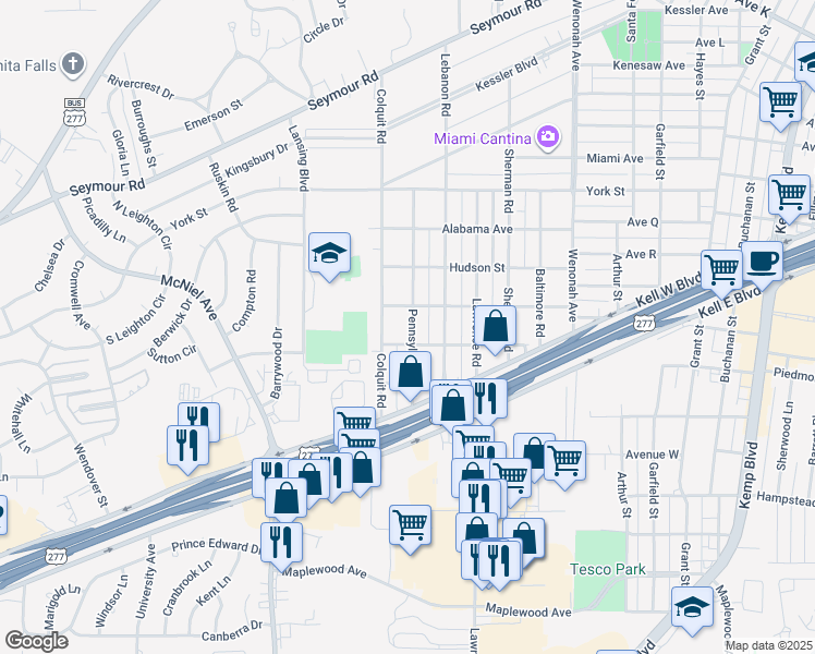 map of restaurants, bars, coffee shops, grocery stores, and more near 2908 Pennsylvania Road in Wichita Falls