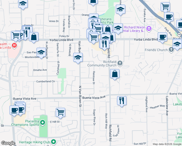 map of restaurants, bars, coffee shops, grocery stores, and more near 5312 Liverpool Street in Yorba Linda