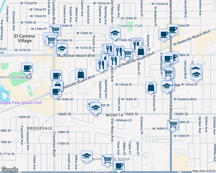 map of restaurants, bars, coffee shops, grocery stores, and more near 16204 Spinning Avenue in Torrance