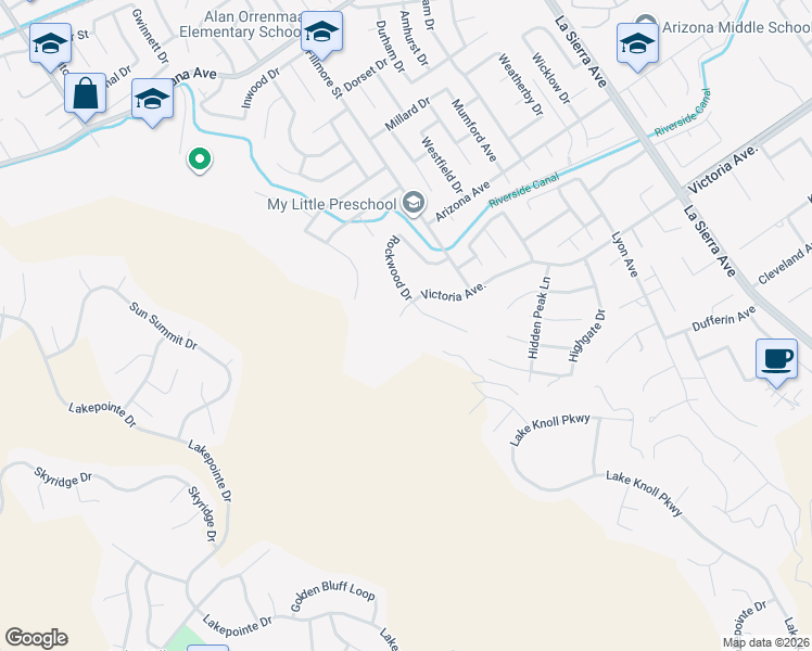 map of restaurants, bars, coffee shops, grocery stores, and more near 11634 Victoria Avenue in Riverside